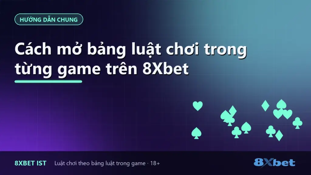 Ảnh bìa hướng dẫn cách mở bảng luật chơi trong game trên 8Xbet bằng nút “?” và menu Help