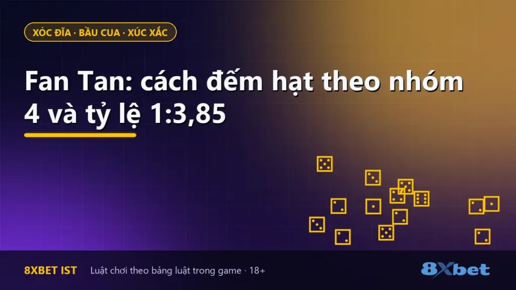 Ảnh bìa bài hướng dẫn Fan Tan trên 8Xbet: cách đếm hạt theo nhóm 4 và tỷ lệ 1:3,85