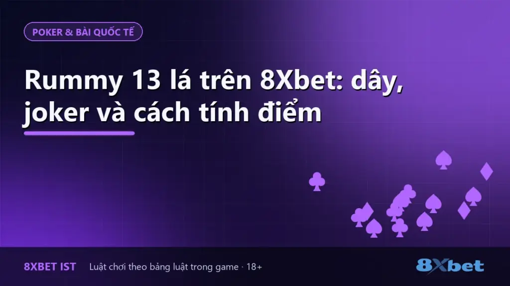 Ảnh bìa bài hướng dẫn Rummy 13 lá trên 8Xbet: dây, joker và cách tính điểm