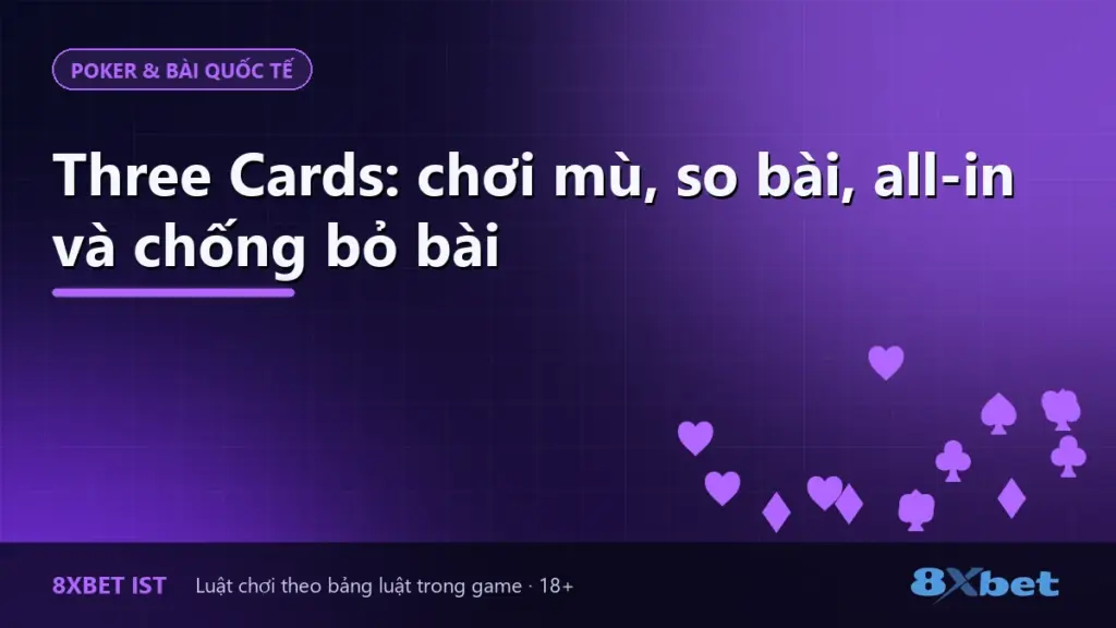 Ảnh bìa bài Three Cards trên 8Xbet: chơi mù, so bài, all-in và chế độ chống bỏ bài khi hết giờ