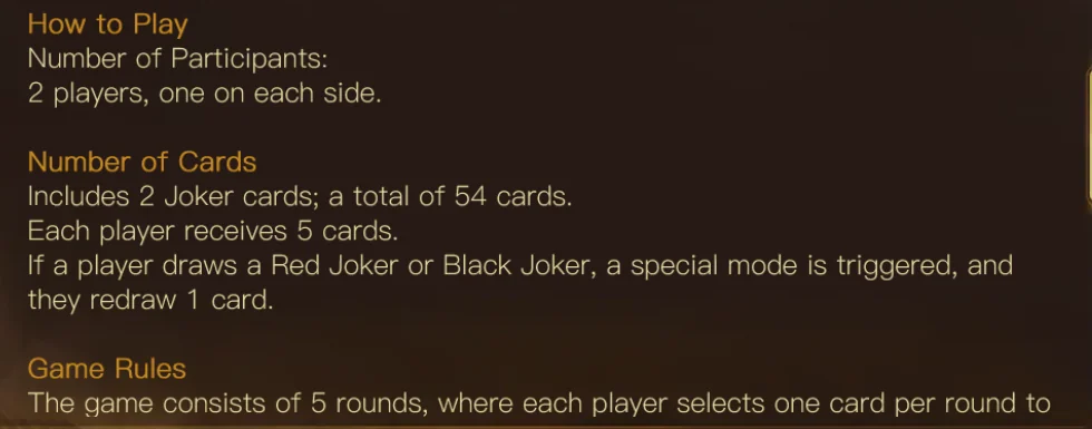 Phần How to Play trong Arena of Cards Thẻ How to Play của Arena of Cards: 2 người chơi, bộ 54 lá có 2 Joker, mỗi người 5 lá, rút Joker kích hoạt chế độ đặc biệt