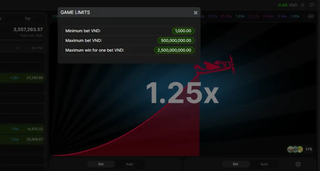 Bảng Game Limits của Aviator Bảng GAME LIMITS của Aviator: cược tối thiểu 1,000.00, tối đa 500,000,000.00 và thắng tối đa 2,500,000,000.00 VND