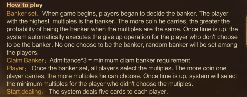Quy trình giành cái trong Bull-Bull Mục How to play của Bull-Bull: Banker set, Claim Banker Admittance*3, Player chọn bội số, Start dealing chia năm lá