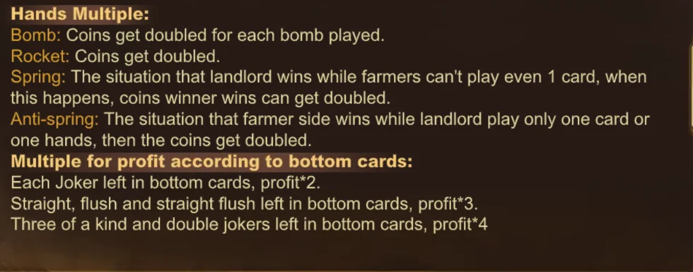 Bảng bội số trong game Đấu địa chủ Mục Hands Multiple trong Fight The Landlord: Bomb, Rocket, Spring, Anti-spring và bội số theo bottom cards ×2, ×3, ×4