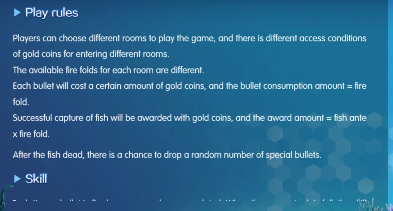 Play rules – Fishing Wars Thẻ Play rules của Fishing Wars: chi phí đạn = fire fold, thưởng = fish ante x fire fold, cá chết có thể rơi đạn đặc biệt