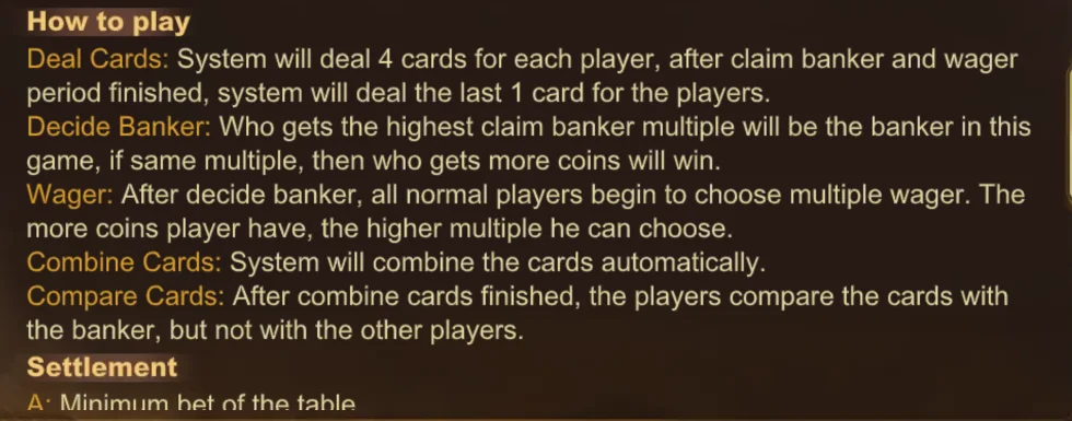 Cách chơi Four Cards Bull-Bull Mục How to play của Four Cards Bull-Bull: Deal Cards 4 lá, Decide Banker, Wager, Combine Cards tự động, Compare Cards