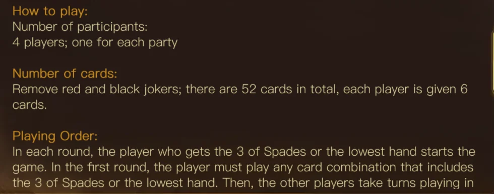 Cách chơi Killer 6 trong bảng luật Bảng luật Killer 6 tiếng Anh: How to play, 4 players, Number of cards 52 mỗi người 6 lá, Playing Order với 3 of Spades