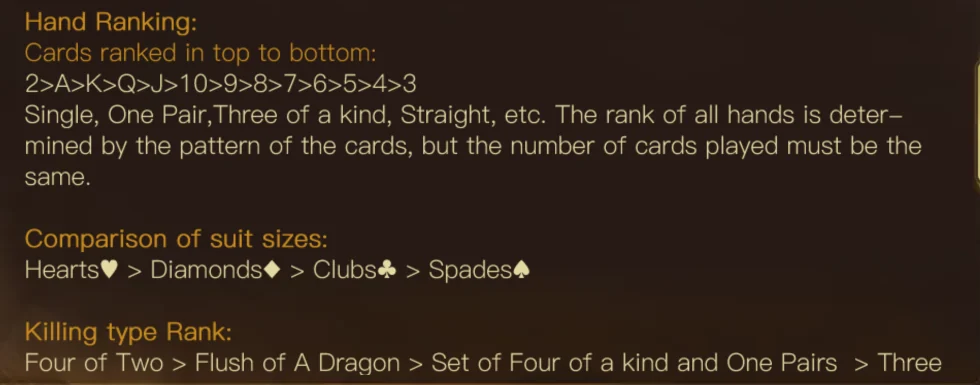 Thứ tự bài trong bảng luật Killer 6 Mục Hand Ranking của Killer 6: 2>A>K…>3, Hearts > Diamonds > Clubs > Spades và Killing type Rank