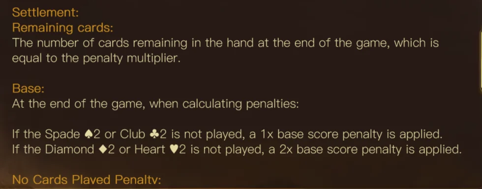 Tính phạt trong bảng luật Killer 6 Mục Settlement của Killer 6: Remaining cards là hệ số phạt, Base phạt 1x với ♠2/♣2 và 2x với ♦2/♥2