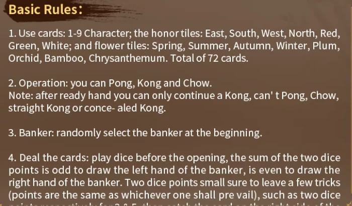 Luật cơ bản Mạt chược 2 người Basic Rules của 2 Persons' Mahjong: 72 quân Vạn, quân chữ, quân hoa; Pong, Kong, Chow; cái ngẫu nhiên; gieo xúc xắc