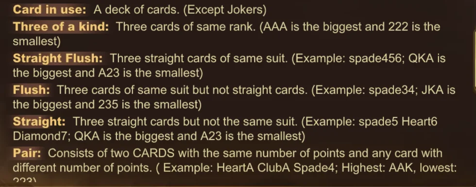 Loại bài trong Red-Black War Tab loại bài Red-Black War: Card in use một bộ bài trừ Joker, Three of a kind, Straight Flush, Flush, Straight, Pair