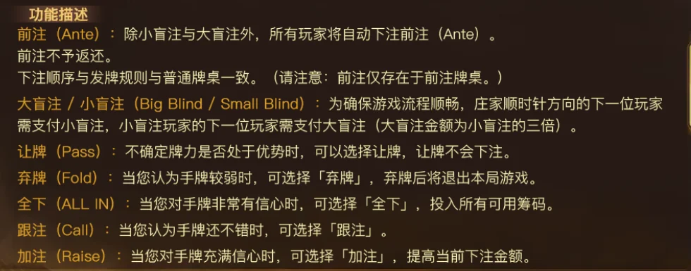 Thẻ mô tả chức năng trong Texas Hold'em Thẻ 功能描述 trong Texas Hold'em: mục Ante, Big Blind / Small Blind ghi mù lớn gấp ba, Pass, Fold, All in, Call, Raise